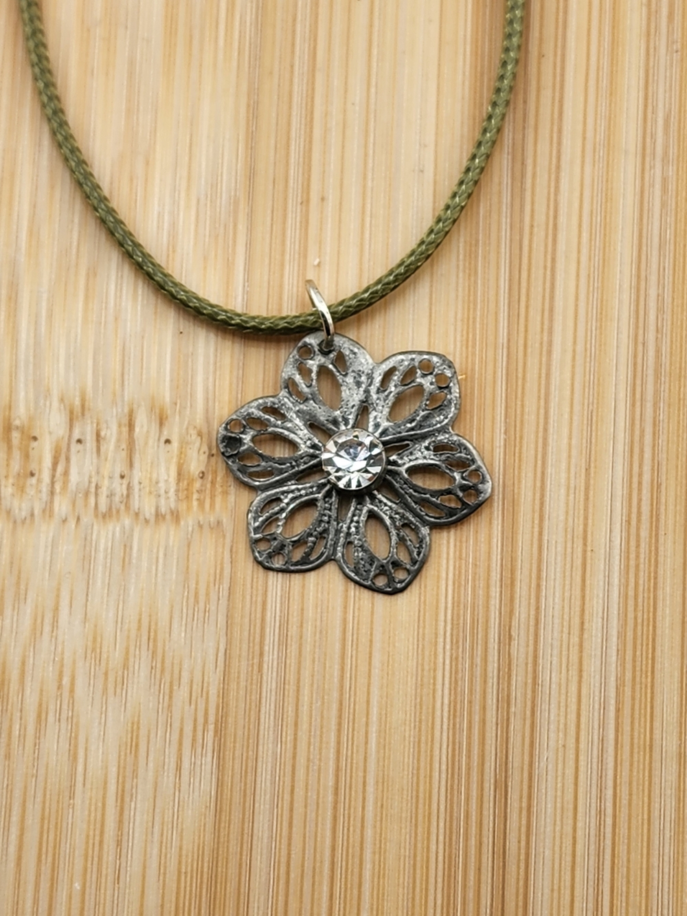 18in Adjustable Silver Tone Flower Pendant Necklace with Olive Cord